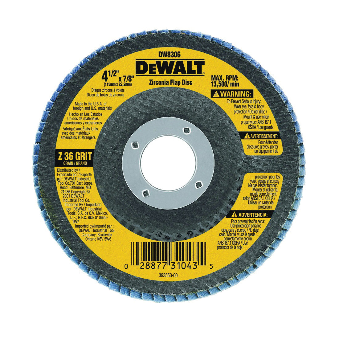 DeWALT DW8306 Flap Disc, 4-1/2 in Dia, 7/8 in Arbor, Coated, 40 Grit, Coarse, Zirconium Oxide Abrasive