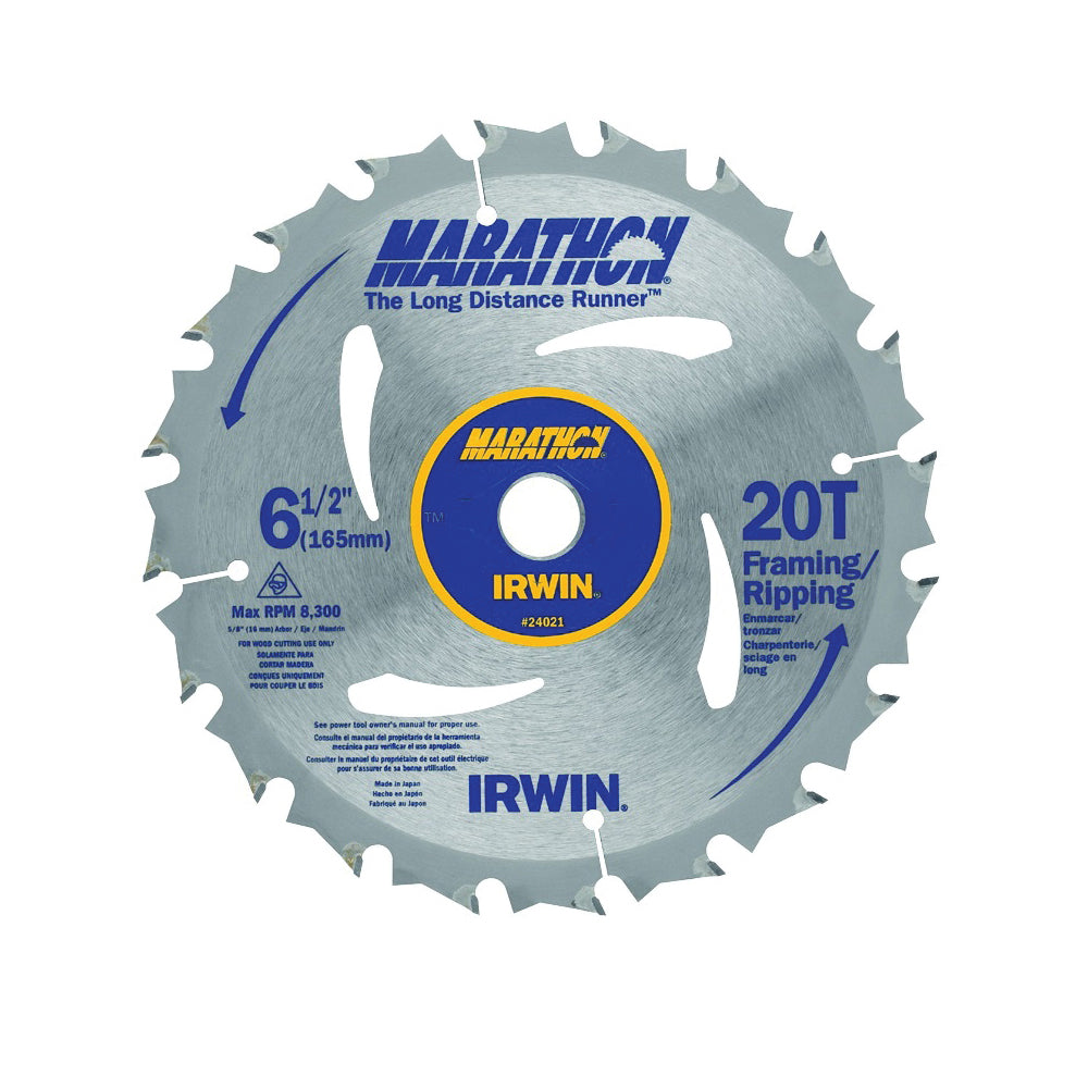 IRWIN MARATHON 24021 Circular Saw Blade, 6-1/2 in Dia, 5/8 in Arbor, 20-Teeth, Carbide Cutting Edge