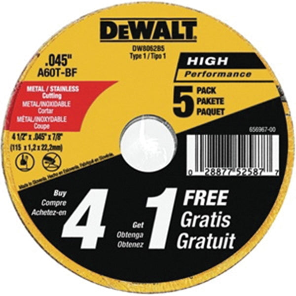 DeWALT DW8062B5 Cutting Wheel, 4-1/2 in Dia, 0.045 in Thick, 7/8 in Arbor, 60 Grit, Aluminum Oxide Abrasive