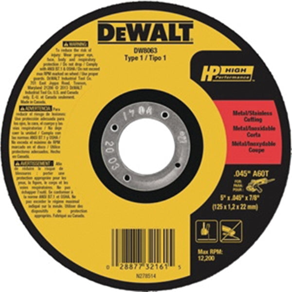 DeWALT DW8063 Cutting Wheel, 5 in Dia, 0.045 in Thick, 7/8 in Arbor, 60 Grit, Aluminum Oxide Abrasive