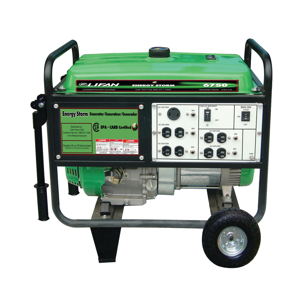 LIFAN ES6750 Portable Generator, 20 A, 120 VAC, 12 VDC, 6700 W Output, Octane Gas, 6.5 gal Tank, 10 hr Run Time