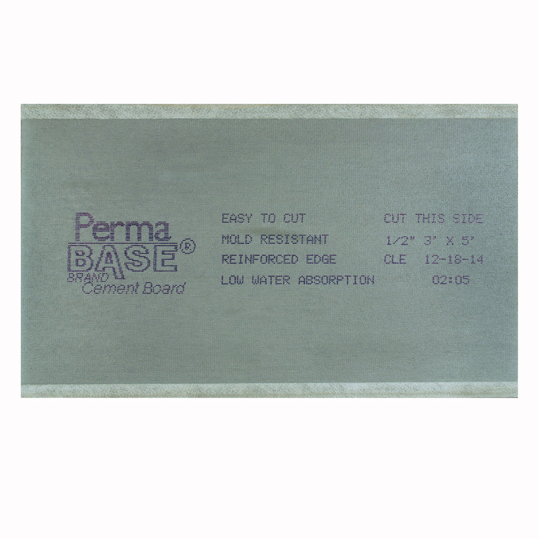 PermaBase CB36120500 Cement Backer Board, 5 ft L, 3 ft W, 1/2 in Thick, Plastic, Gray
