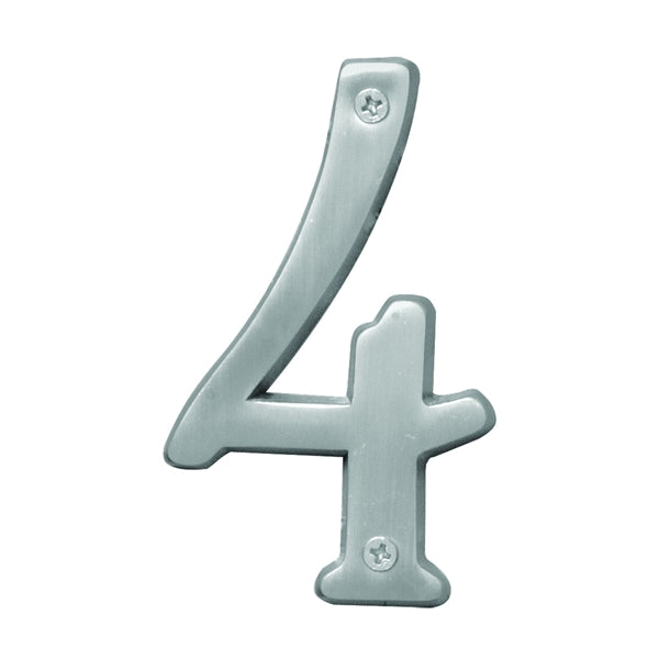 HY-KO Prestige Series BR-43SN/4 House Number, Character: 4, 4 in H Character, Nickel Character, Brass