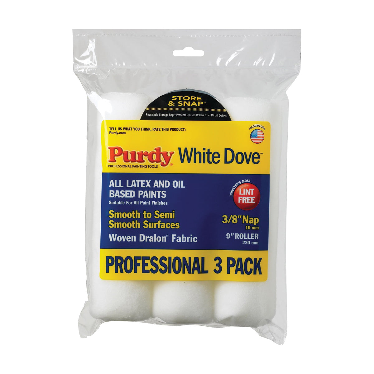 Purdy White Dove 14F863000 Paint Roller Cover, 3/8 in Thick Nap, 9 in L, Dralon Fabric Cover