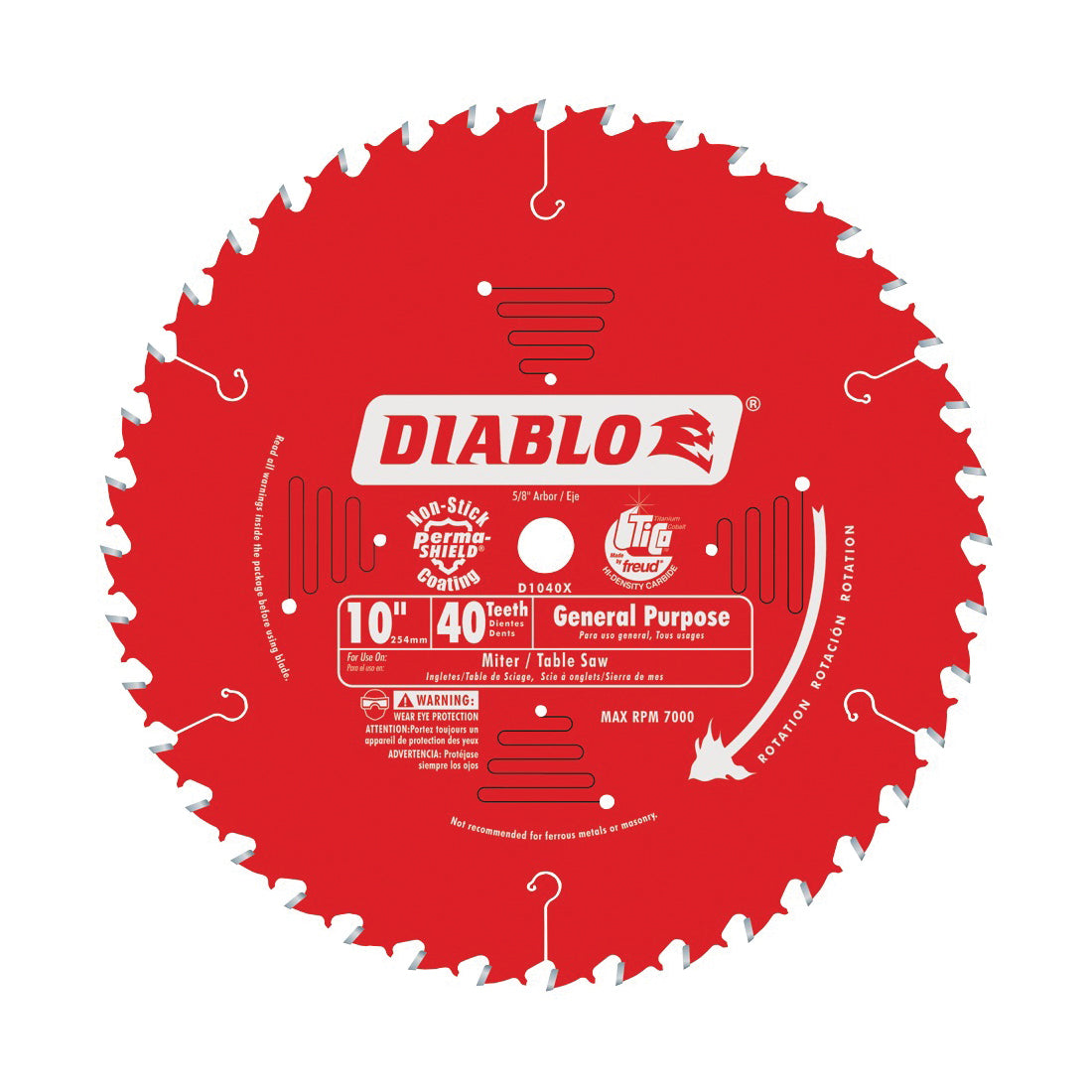 Diablo D1040X Circular Saw Blade, 10 in Dia, 5/8 in Arbor, 40-Teeth, Carbide Cutting Edge