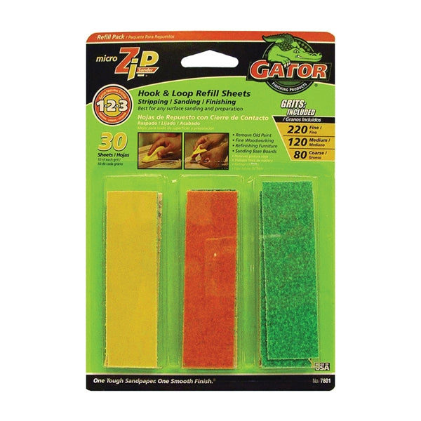 Gator MicroZip 7801 Refill Sheet, 3-1/2 in L, 1 in W, Extra Fine, Fine, Medium, 80 Grit, Aluminum Oxide Abrasive
