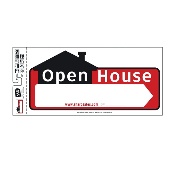 HY-KO SSP-203 Directional Sign, Rectangular, OPEN HOUSE, White Legend, Black/Red Background, Plastic