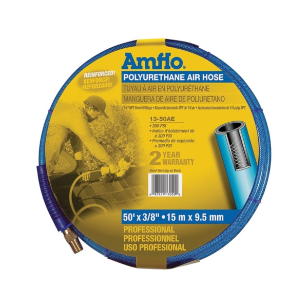 Amflo 13-50AE Air Hose, 3/8 in OD, 50 ft L, MNPT, 300 psi Pressure, Polyurethane, Blue