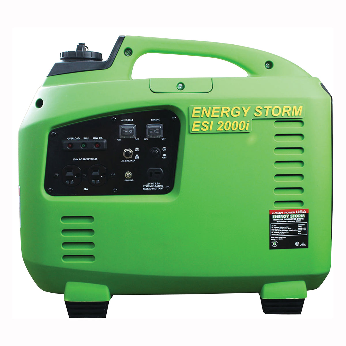 LIFAN ESI2000I-CA Inverter Generator, 16.6 A, 120 VAC, 12 VDC, 2000 W Output, Unleaded Gas, 1 gal Tank, 3 hr Run Time