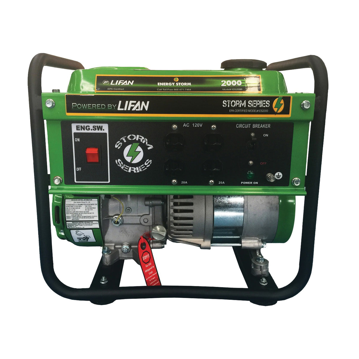 LIFAN ES2000-CA Portable Generator, 17 A, 120 V, 1600 W Output, Octane Gas, 1 gal Tank, 8 hr Run Time