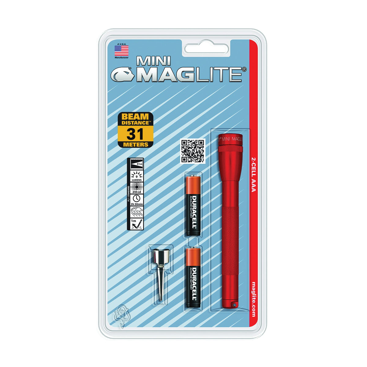 MAGLITE M3A036 Flashlight, AAA Battery, Alkaline Battery, Incandescent Lamp, 9 Lumens, Flood to Spot Beam, Red