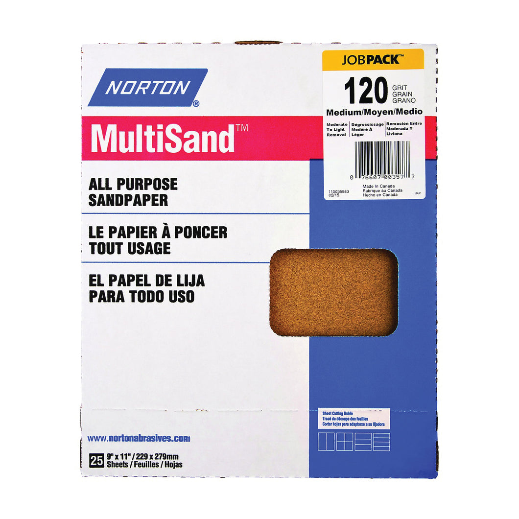 NORTON Adalox 07660700159 Sanding Sheet, 11 in L, 9 in W, Medium, 120 Grit, Aluminum Oxide Abrasive, Paper Backing