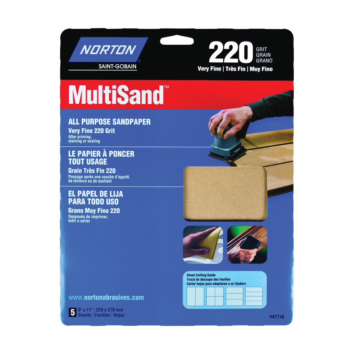 NORTON MultiSand 07660747710 Sanding Sheet, 11 in L, 9 in W, Very Fine, 220 Grit, Aluminum Oxide Abrasive