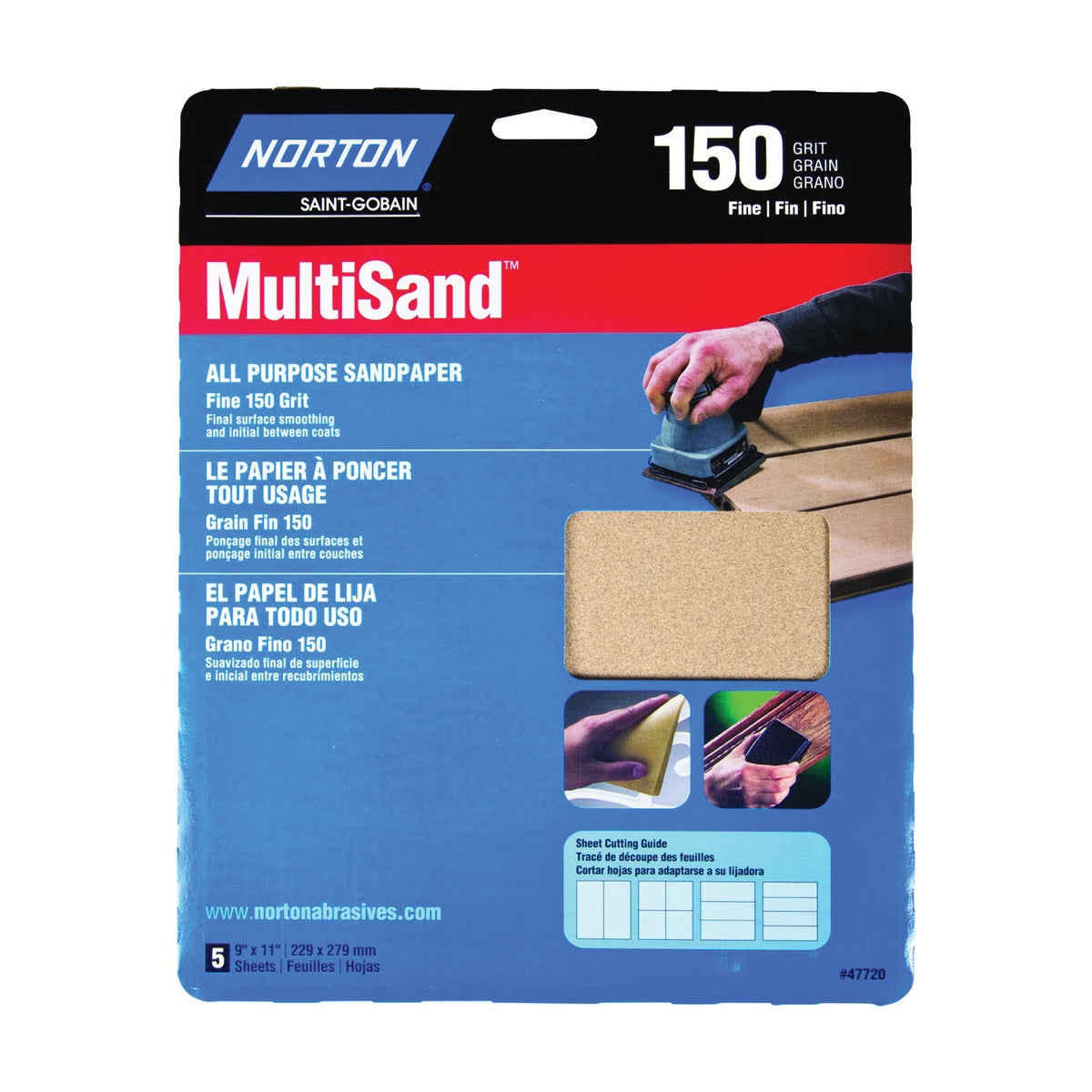 NORTON MultiSand 07660747720 Sanding Sheet, 11 in L, 9 in W, Fine, 150 Grit, Aluminum Oxide Abrasive