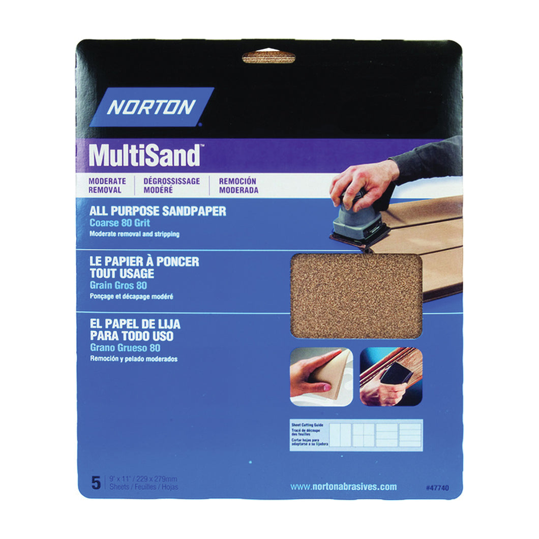 NORTON MultiSand 07660747740 Sanding Sheet, 11 in L, 9 in W, Coarse, 80 Grit, Aluminum Oxide Abrasive