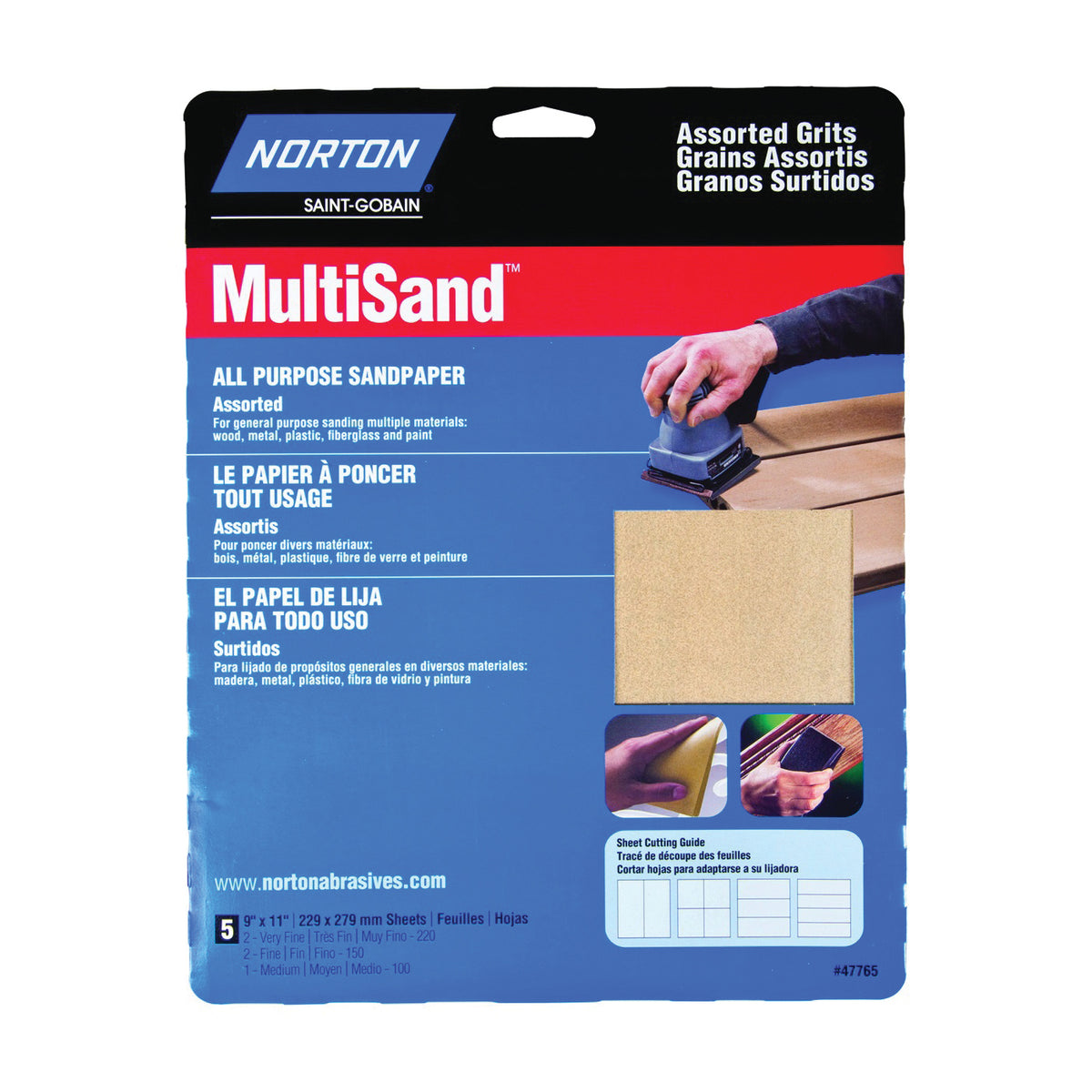 NORTON MultiSand 07660747765 Sanding Sheet, 11 in L, 9 in W, Aluminum Oxide Abrasive, Paper Backing