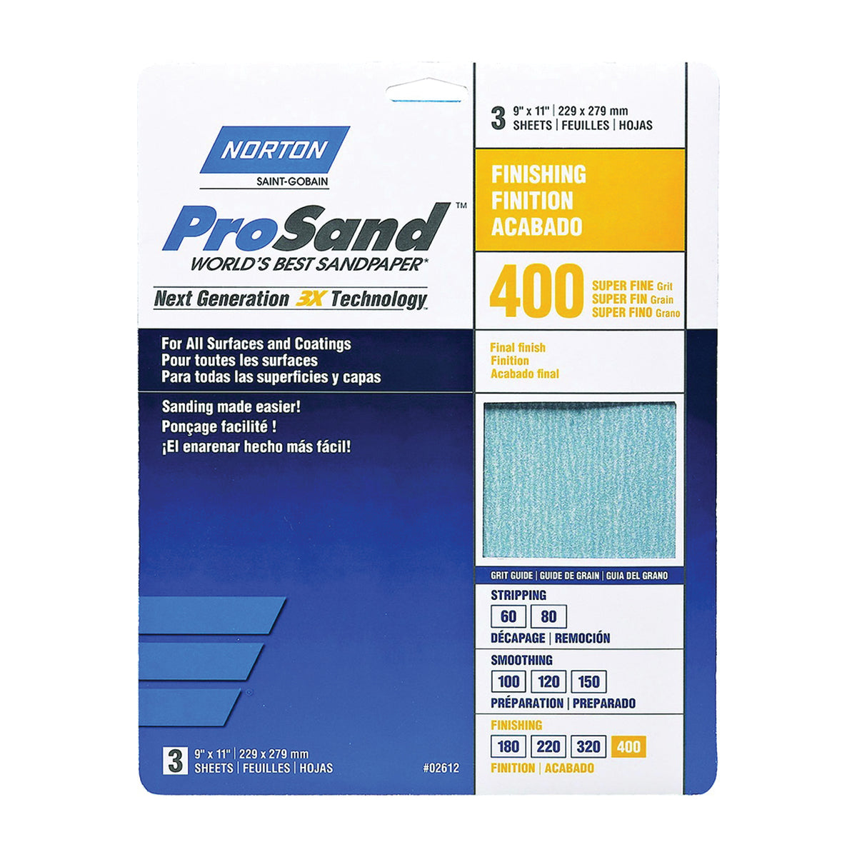 NORTON ProSand 07660768156 Sanding Sheet, 11 in L, 9 in W, Super Fine, 400 Grit, Aluminum Oxide Abrasive