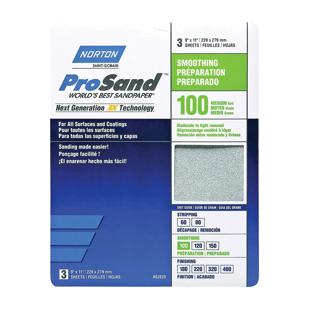NORTON ProSand 07660768162 Sanding Sheet, 11 in L, 9 in W, Medium, 100 Grit, Aluminum Oxide Abrasive