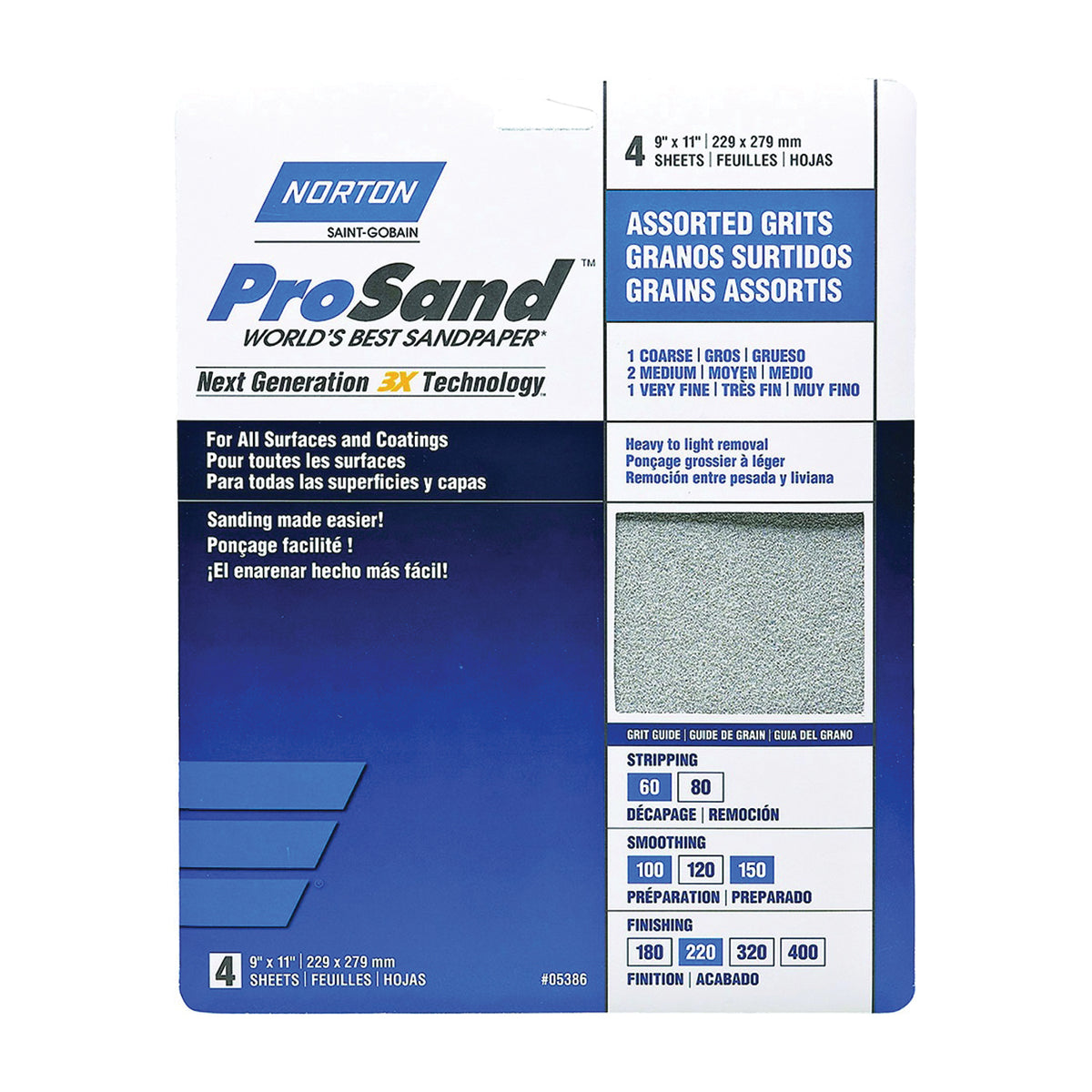 NORTON ProSand 07660705386 Sanding Sheet, 11 in L, 9 in W, Aluminum Oxide Abrasive, Fiber Backing