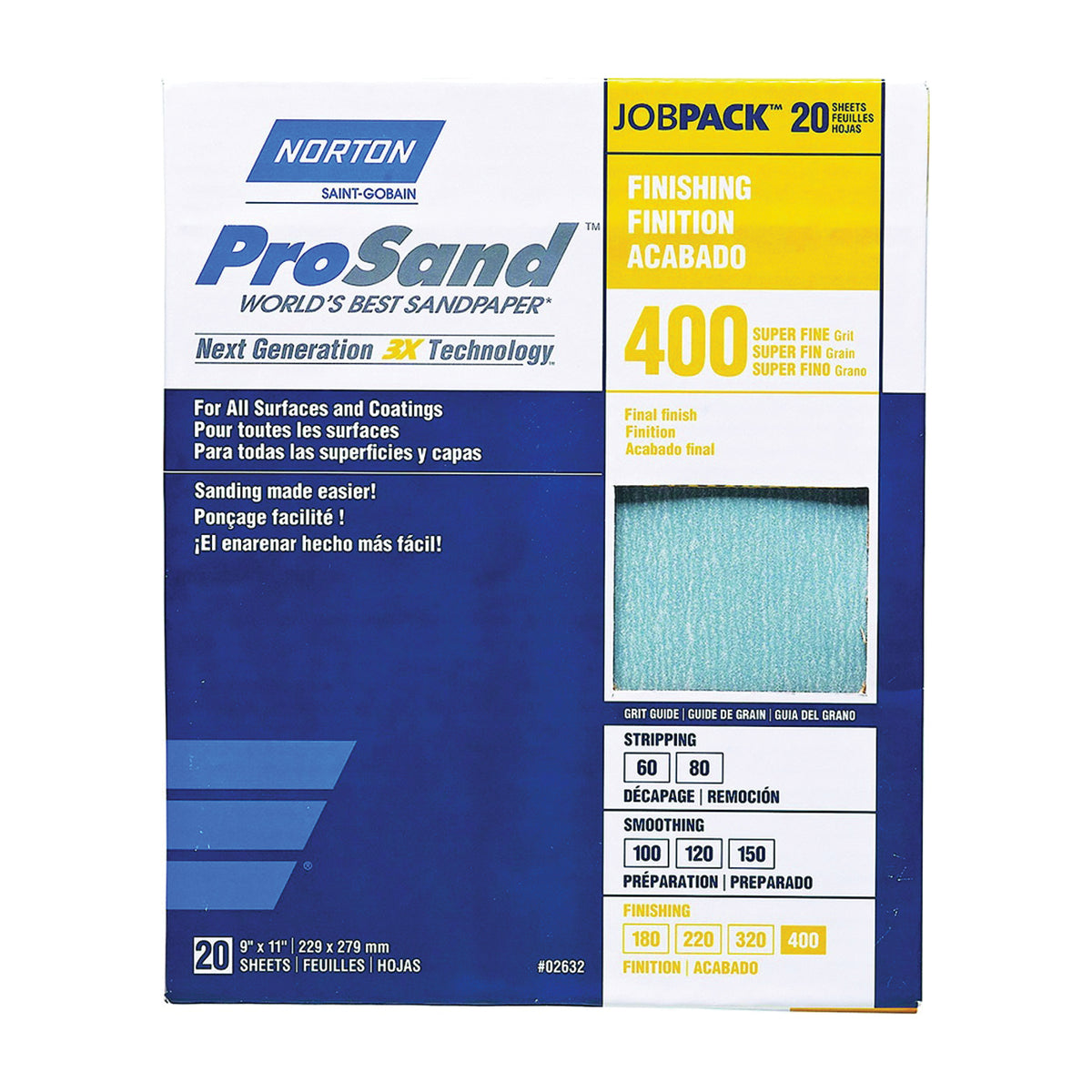 NORTON ProSand 07660768165 Sanding Sheet, 11 in L, 9 in W, Super Fine, 400 Grit, Aluminum Oxide Abrasive
