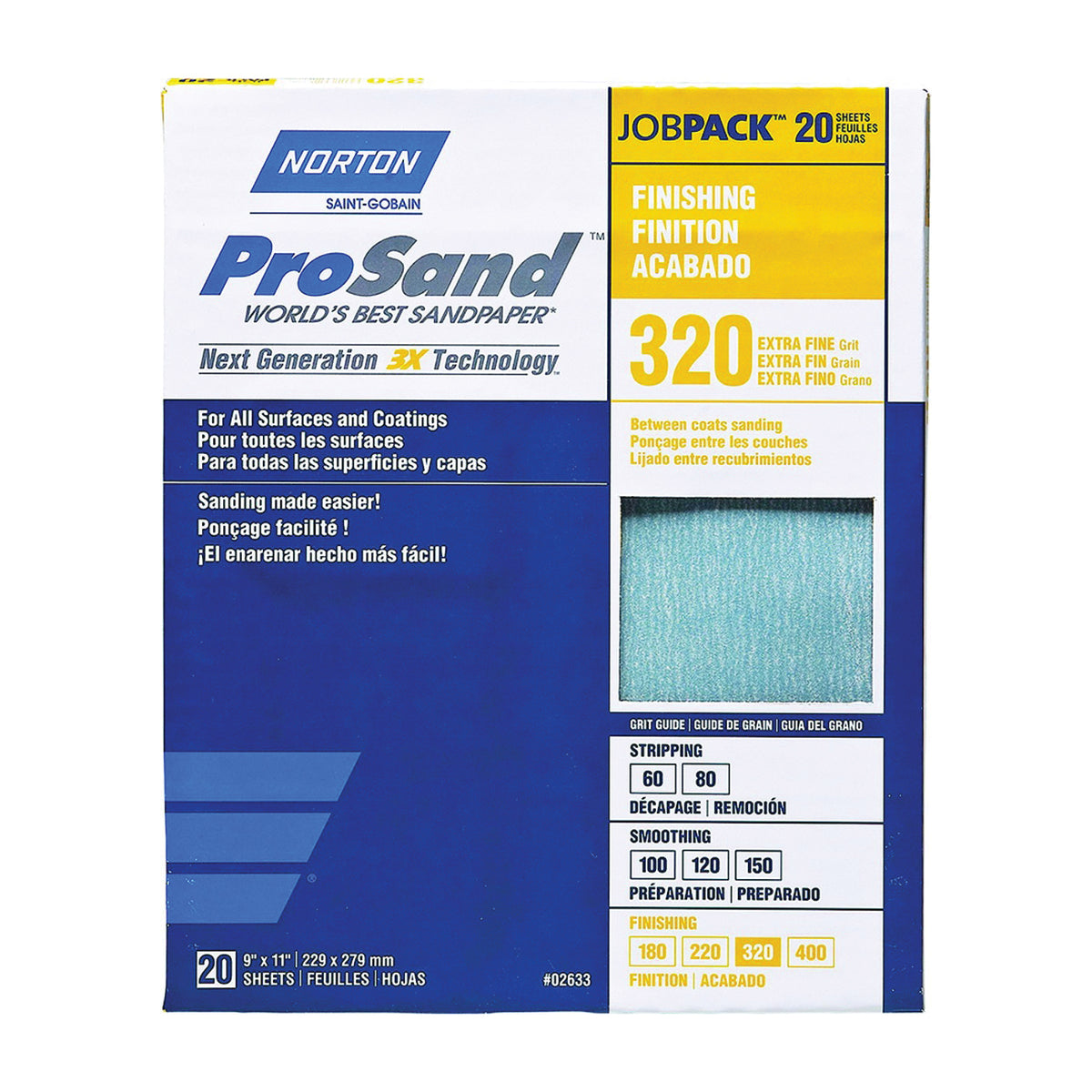 NORTON ProSand 07660768166 Sanding Sheet, 11 in L, 9 in W, Extra Fine, 320 Grit, Aluminum Oxide Abrasive