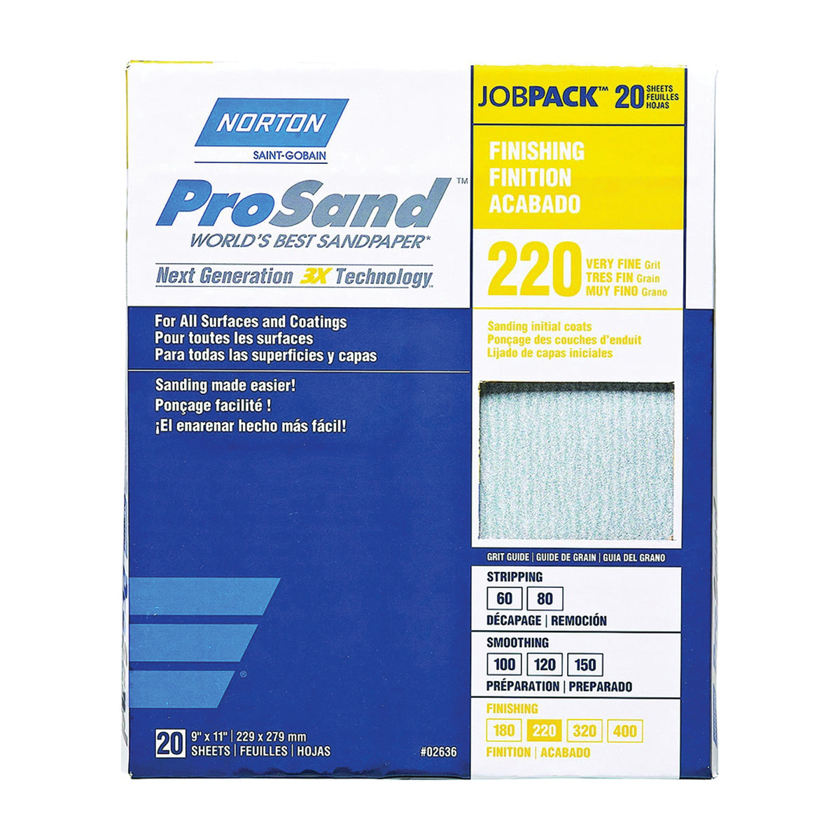 NORTON ProSand 07660768167 Sanding Sheet, 11 in L, 9 in W, Very Fine, 220 Grit, Aluminum Oxide Abrasive