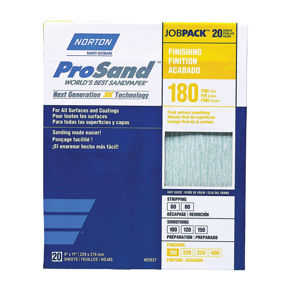 NORTON ProSand 07660768168 Sanding Sheet, 11 in L, 9 in W, Fine, 180 Grit, Aluminum Oxide Abrasive, Paper Backing