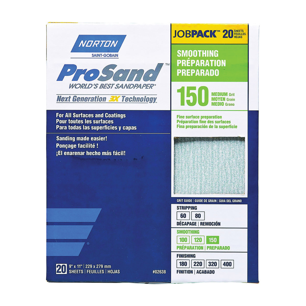 NORTON ProSand 07660768171 Sanding Sheet, 11 in L, 9 in W, Medium, 150 Grit, Aluminum Oxide Abrasive
