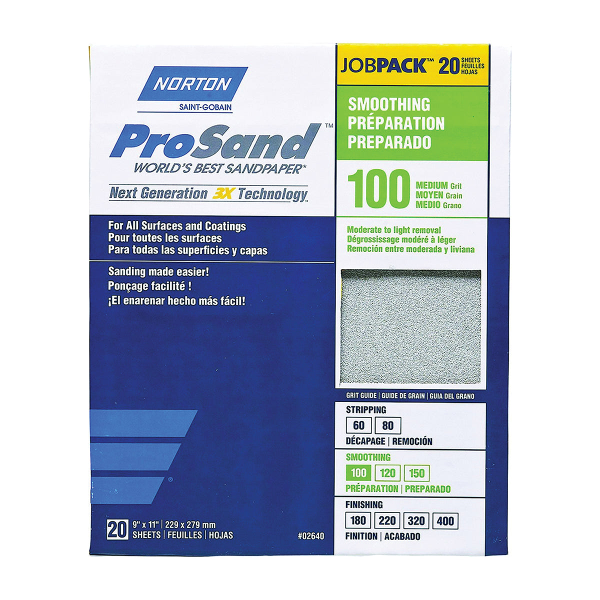NORTON ProSand 07660768173 Sanding Sheet, 11 in L, 9 in W, Medium, 100 Grit, Aluminum Oxide Abrasive