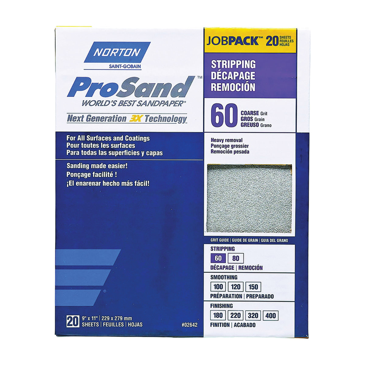 NORTON ProSand 07660768175 Sanding Sheet, 11 in L, 9 in W, Coarse, 60 Grit, Aluminum Oxide Abrasive, Paper Backing