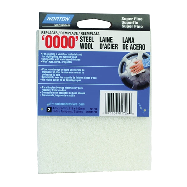 NORTON 01726 Steel Wool, 4-3/8 in L, 5-1/2 in W, #0000 Grit, Super Fine, White