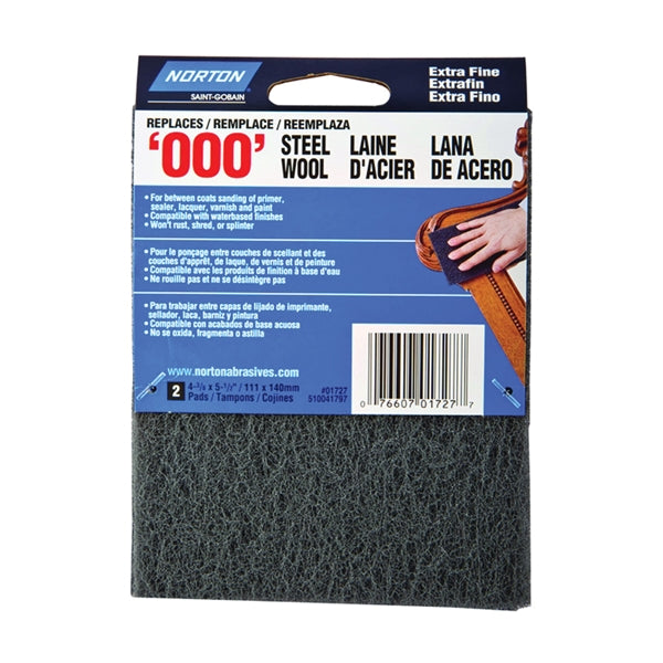 NORTON 01727 Steel Wool, 4-3/8 in L, 5-1/2 in W, #000 Grit, Extra Fine, Gray