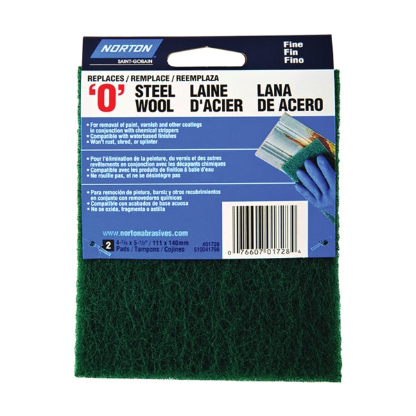 NORTON 01728 Steel Wool, 4-3/8 in L, 5-1/2 in W, #0 Grit, Fine, Green