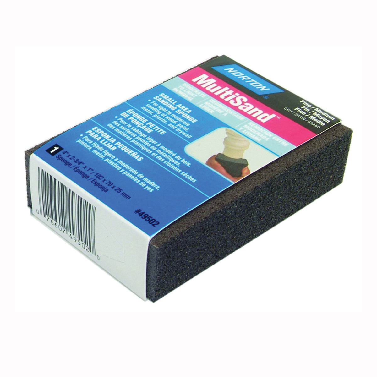 NORTON MultiSand 49502 Sanding Sponge, 4 in L, 2-3/4 in W, 80, 150 Grit, Fine, Medium