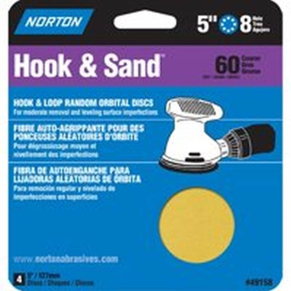 NORTON 49158 Sanding Disc, 5 in Dia, Coated, P60 Grit, Coarse, Aluminum Oxide Abrasive