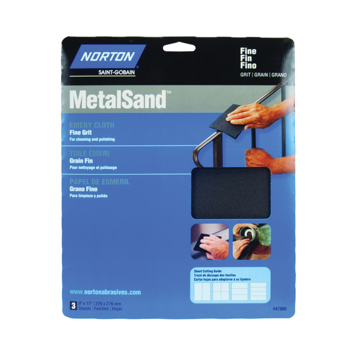 NORTON MetalSand 07660747805 Sanding Sheet, 11 in L, 9 in W, Fine, Emery Abrasive, Cloth Backing