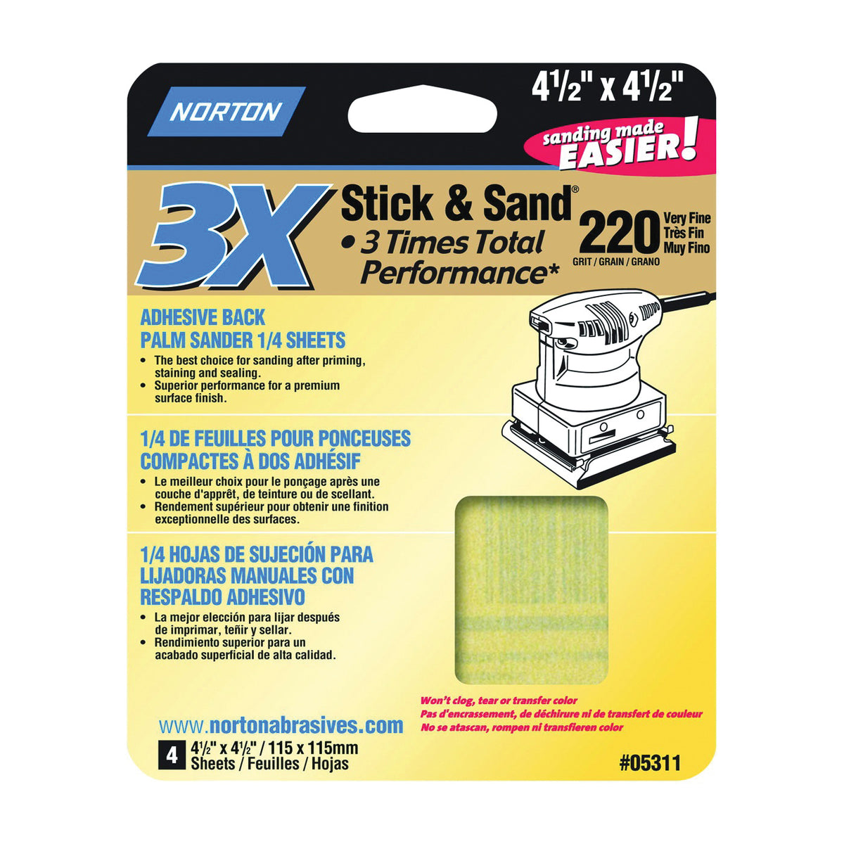 NORTON ProSand 07660705311 Sanding Sheet, 4-1/2 in L, 4-1/2 in W, Very Fine, 220 Grit, Aluminum Oxide Abrasive