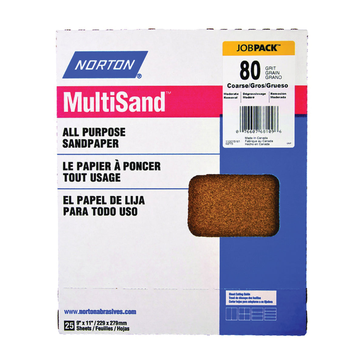 NORTON MultiSand 07660768109 Sanding Sheet, 11 in L, 9 in W, Coarse, 80 Grit, Aluminum Oxide Abrasive