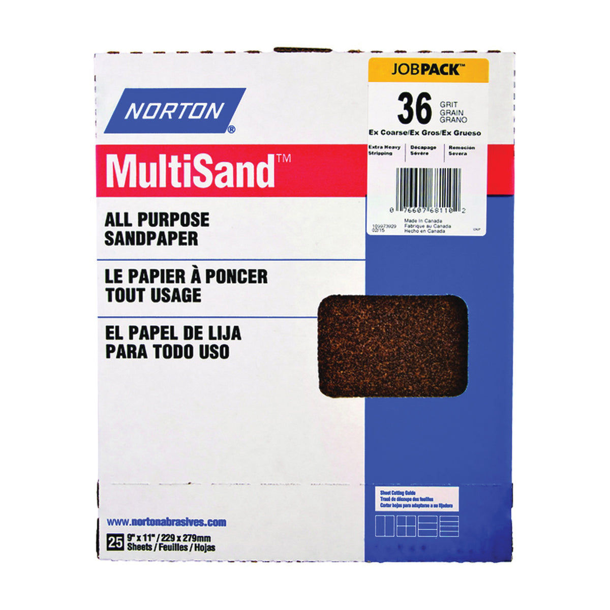 NORTON MultiSand 07660768110 Sanding Sheet, 11 in L, 9 in W, Extra Coarse, 36 Grit, Aluminum Oxide Abrasive