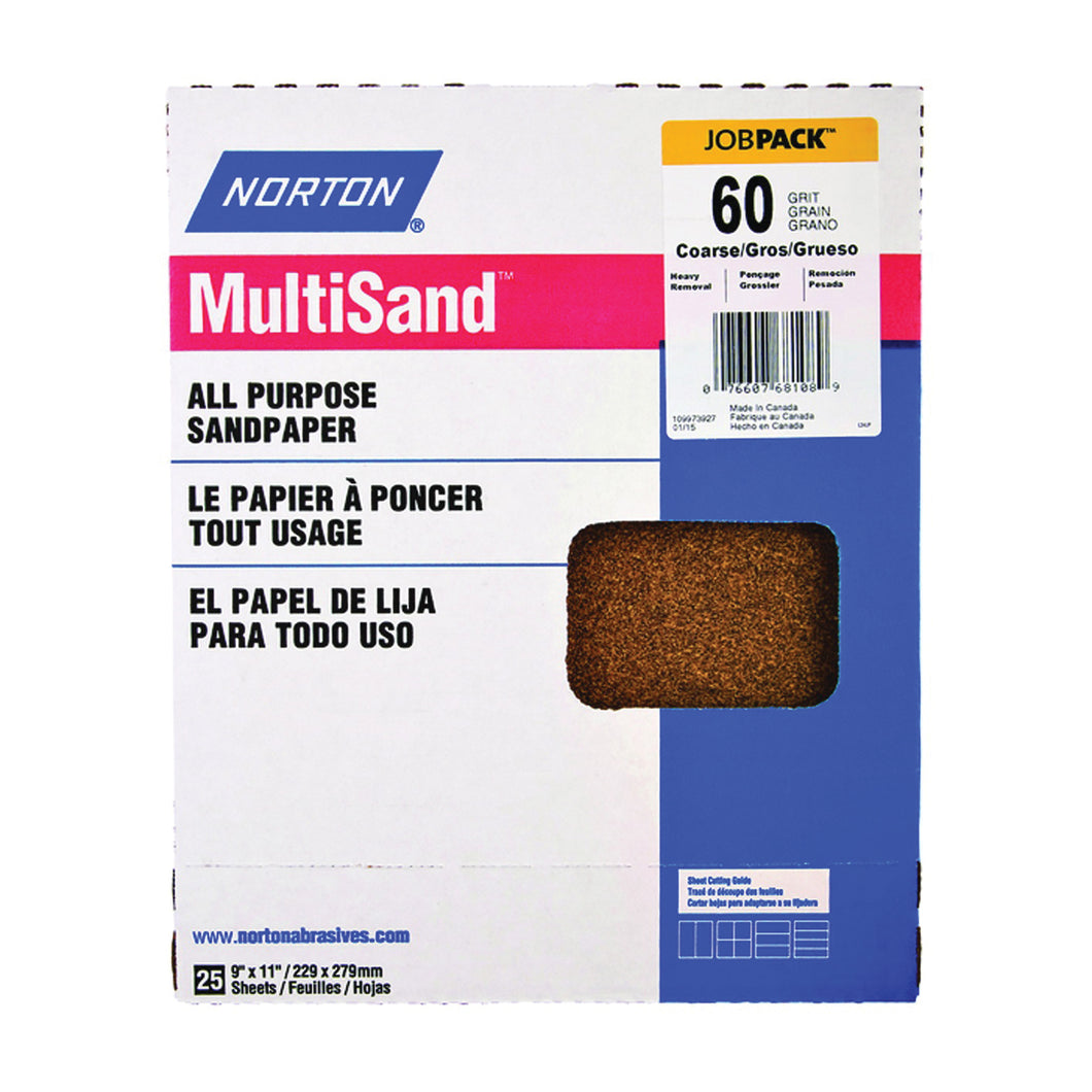 NORTON MultiSand 07660768108 Sanding Sheet, 11 in L, 9 in W, Coarse, 60 Grit, Aluminum Oxide Abrasive