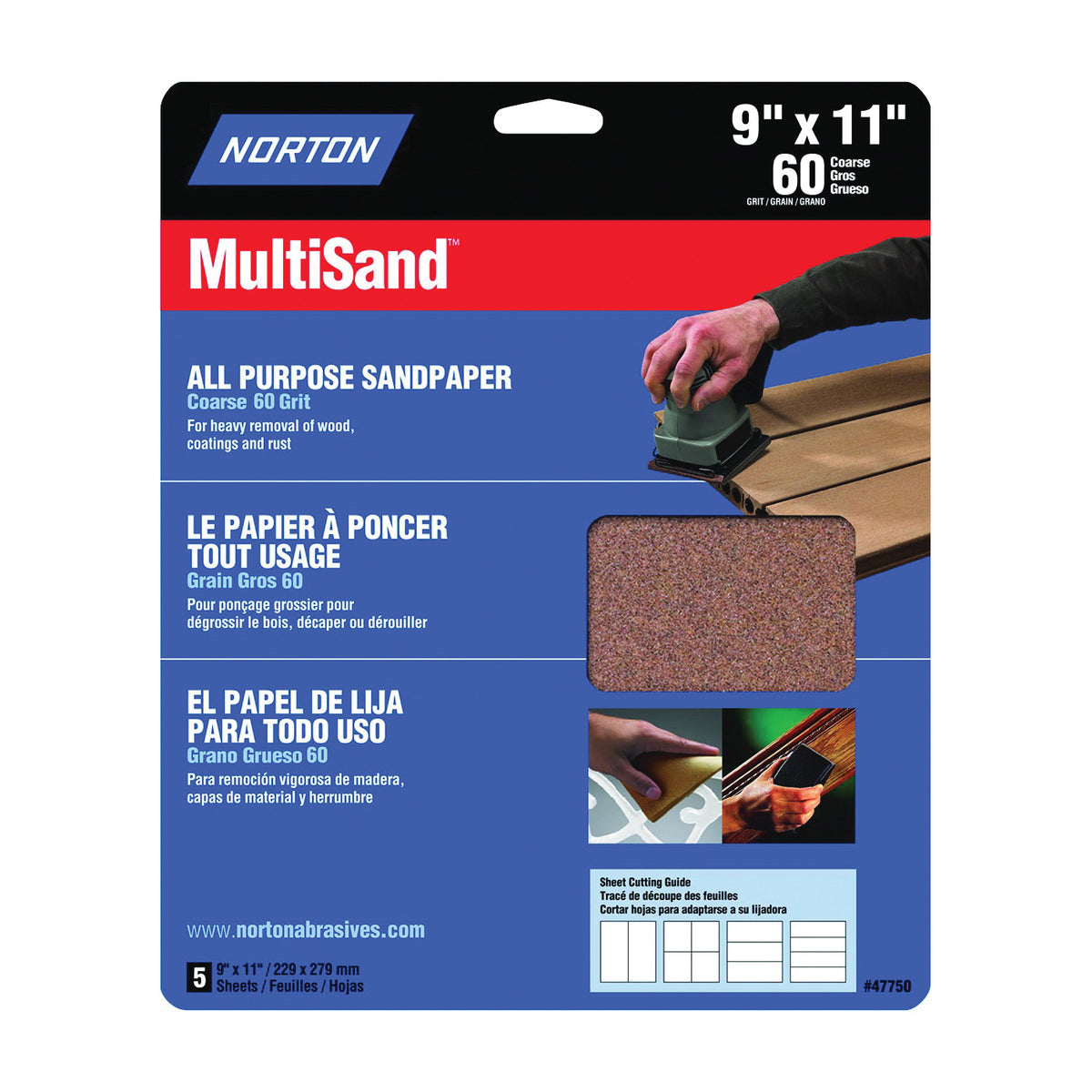 NORTON MultiSand 07660747750 Sanding Sheet, 11 in L, 9 in W, Coarse, 60 Grit, Aluminum Oxide Abrasive