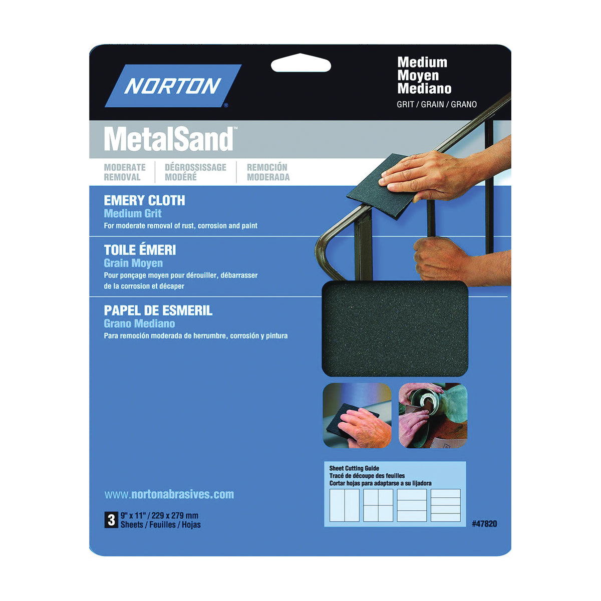 NORTON MetalSand 07660747820 Sanding Sheet, 11 in L, 9 in W, Medium, Emery Abrasive, Cloth Backing