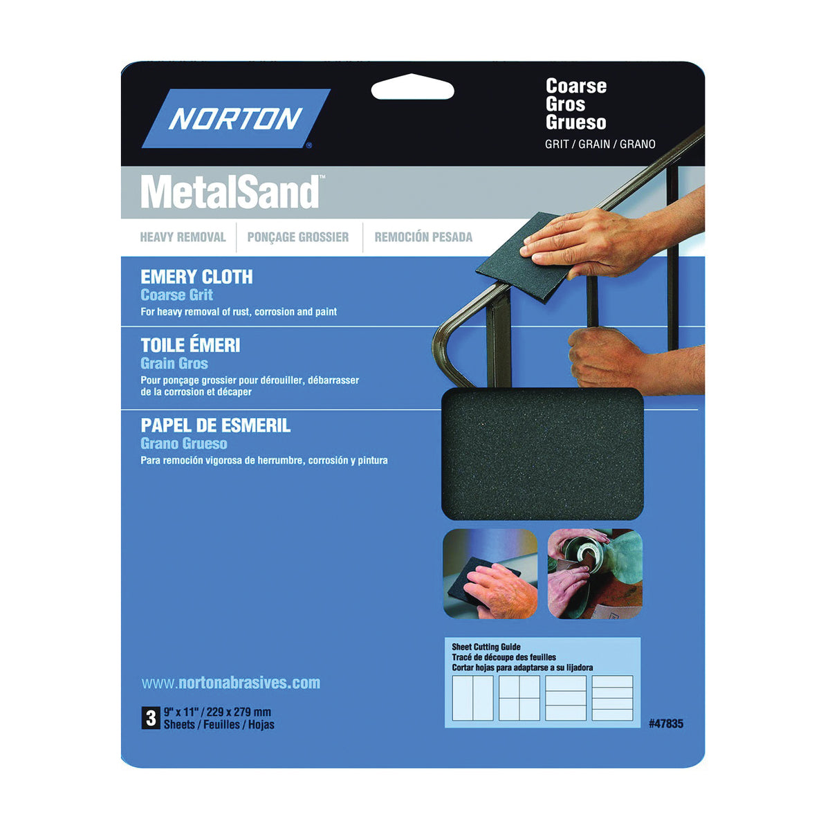 NORTON MetalSand 07660747835 Sanding Sheet, 11 in L, 9 in W, Coarse, 80 Grit, Emery Abrasive, Cloth Backing