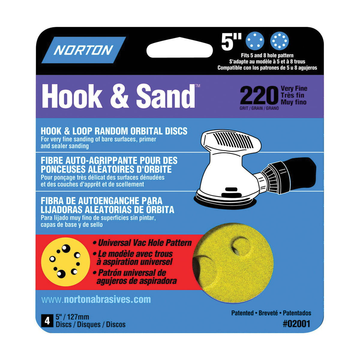 NORTON 02001 Sanding Disc, 5 in Dia, Coated, P220 Grit, Very Fine, Aluminum Oxide Abrasive, C-Weight Paper Backing