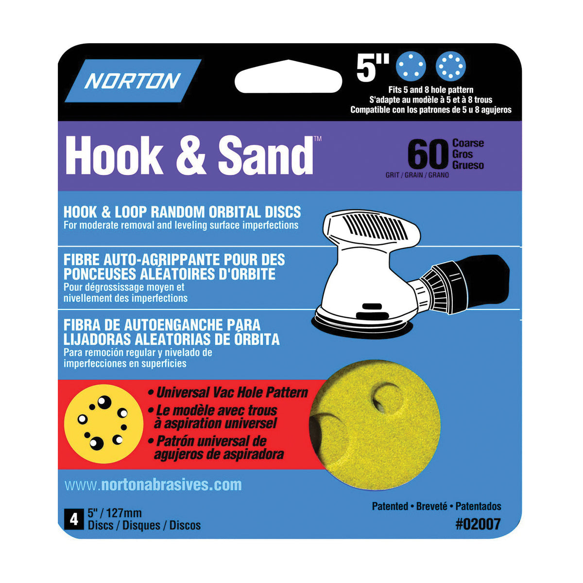 NORTON 02007 Sanding Disc, 5 in Dia, Coated, P60 Grit, Coarse, Aluminum Oxide Abrasive, Universal Vacuum