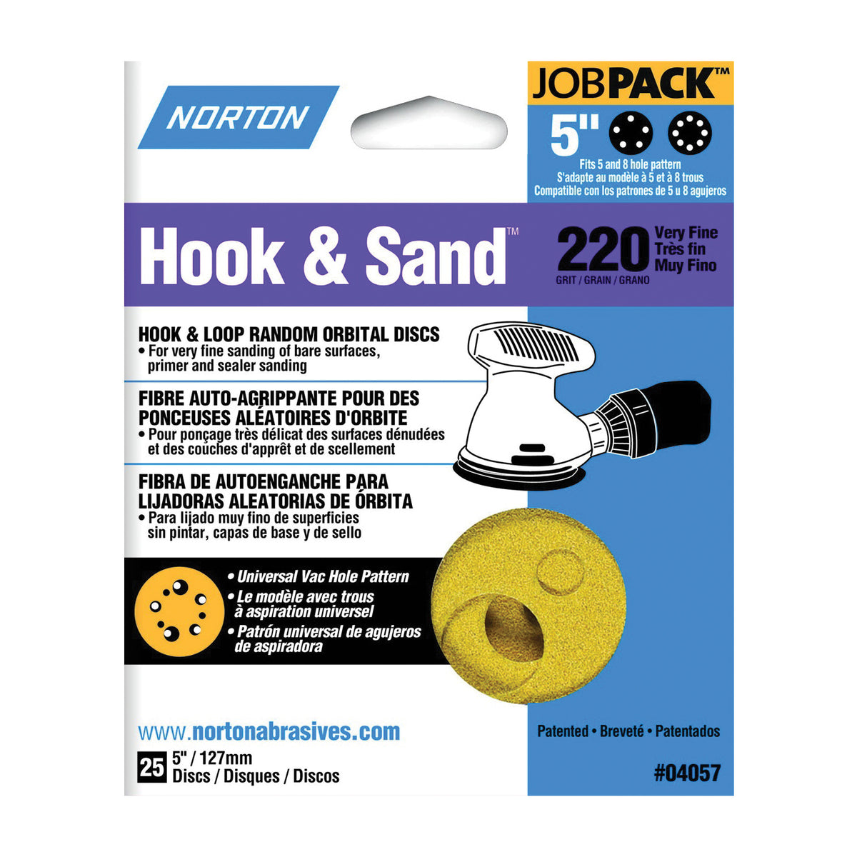 NORTON 04057 Sanding Disc, 5 in Dia, Coated, P220 Grit, Very Fine, Aluminum Oxide Abrasive, C-Weight Paper Backing