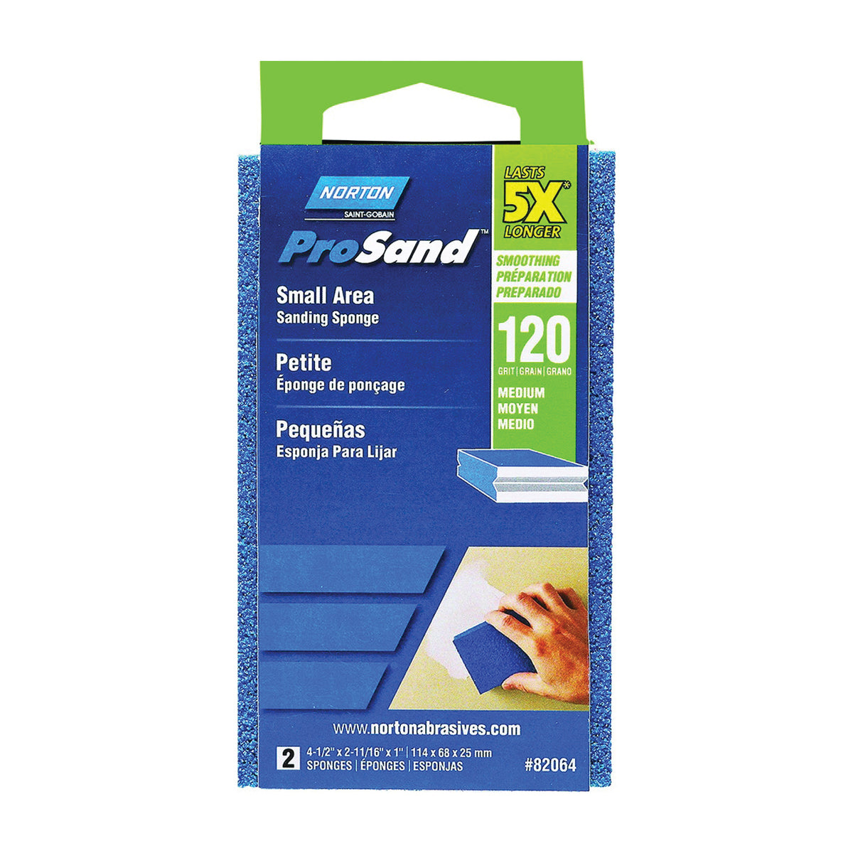 NORTON ProSand 82064 Sanding Sponge, 4-1/2 in L, 2-11/16 in W, 120 Grit, Coarse, Aluminum Oxide Abrasive