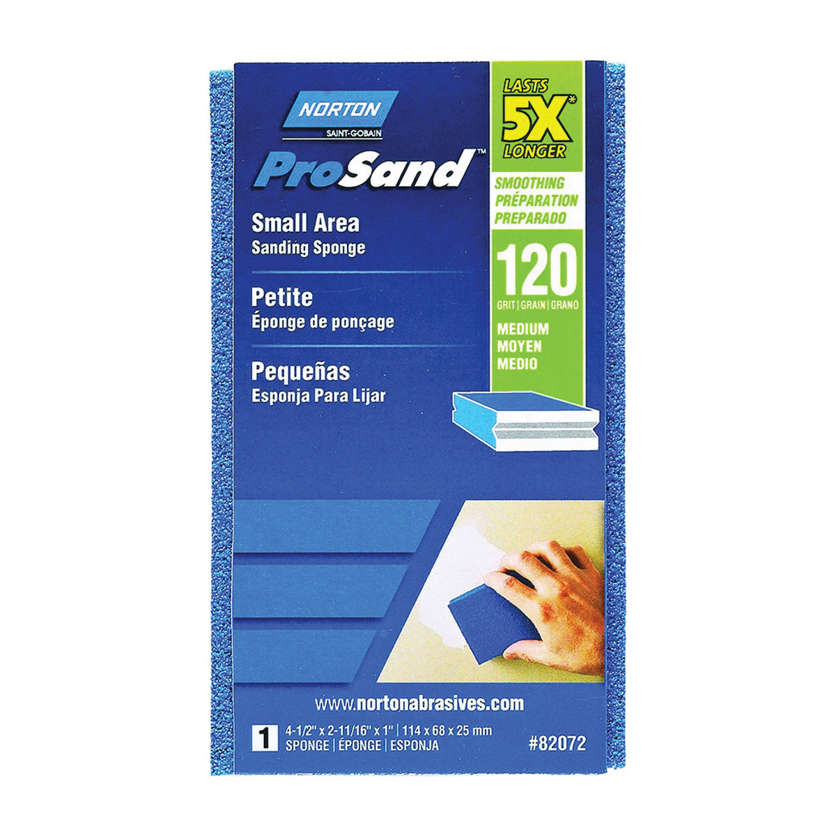 NORTON ProSand 82072 Sanding Sponge, 4-1/2 in L, 2-11/16 in W, 120 Grit, Fine, Aluminum Oxide Abrasive