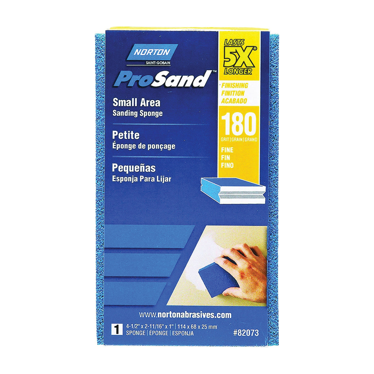 NORTON ProSand 82073 Sanding Sponge, 4-1/2 in L, 2-11/16 in W, 180 Grit, Very Fine, Aluminum Oxide Abrasive