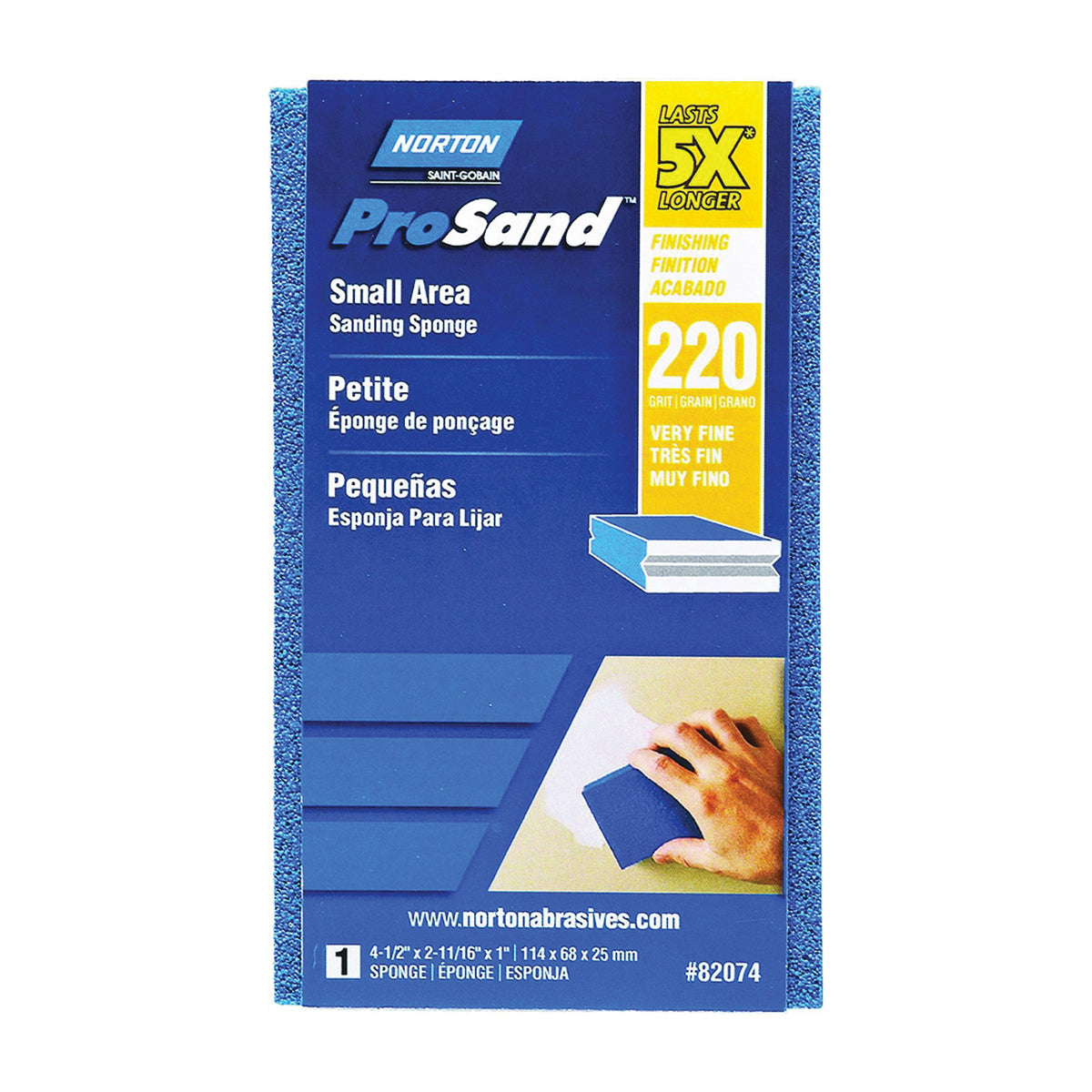 NORTON ProSand 82074 Sanding Sponge, 4-1/2 in L, 2-11/16 in W, 220 Grit, Extra Fine, Aluminum Oxide Abrasive